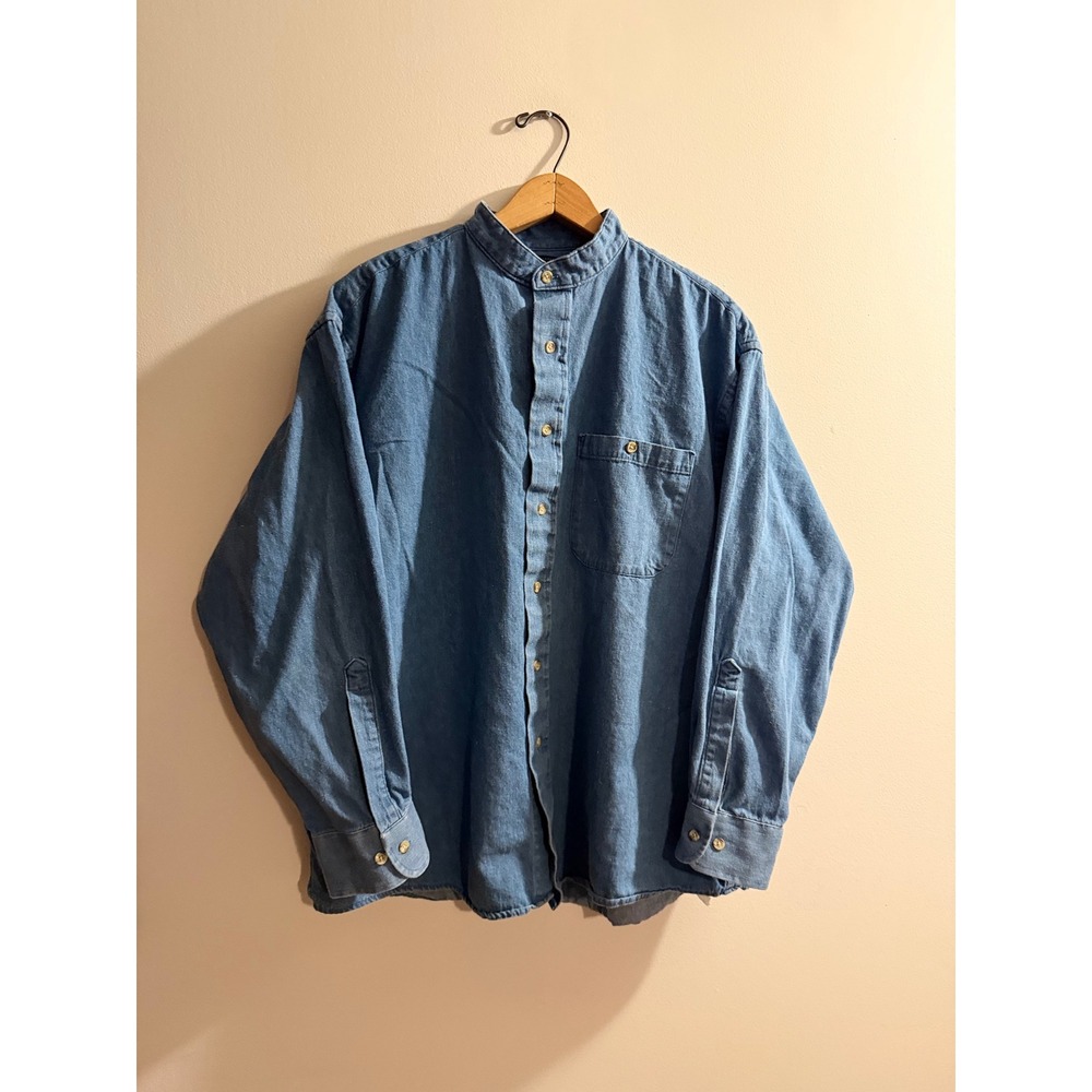 Vintage Fridays by Cluett Denim Shirt Mens XL Band Collar Blue Cotton USA Made